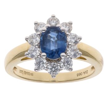 18ct Yellow Gold 0.68ct Brilliant Cut Diamond and Sapphire Cluster Ring