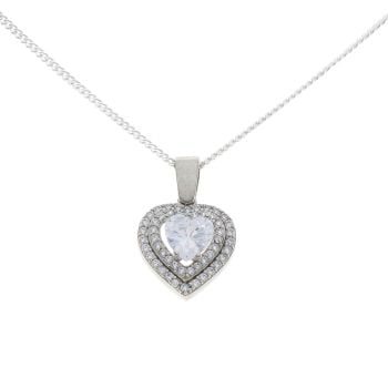 Silver Cubic Zirconia Heart Cluster Pendant And Chain 18"