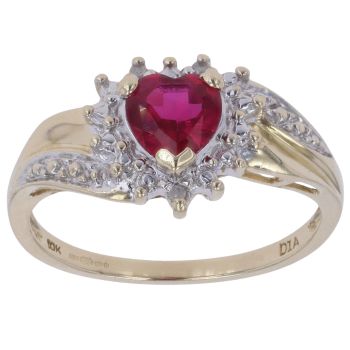 9ct Yellow Gold 0.05ct Diamond and Created Ruby Heart Cluster Ring