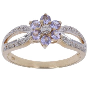 9ct Yellow Gold 0.10ct Diamond and Tanzanite Floral Cluster Ring