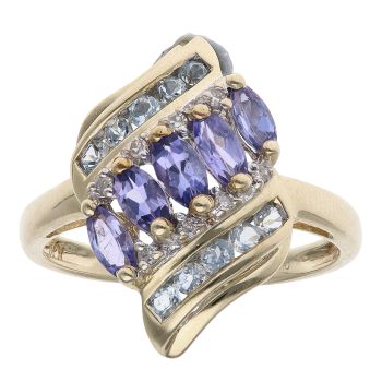 9ct Yellow Gold 0.05ct Diamond Tanzanite and Aquamarine Cluster Ring