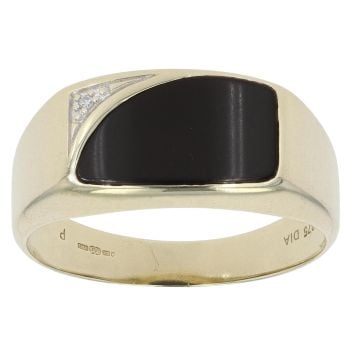 9ct Yellow Gold 0.01ct Diamond And Onyx Signet Ring