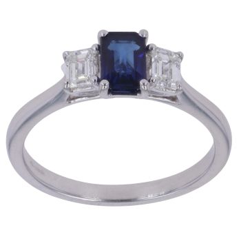 18ct White Gold 0.25ct Emerald Cut Diamond and Sapphire Three Stone Ring