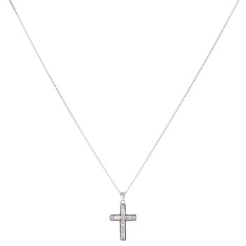 9ct White Gold Cubic Zirconia Cross Pendant and Chain 18"