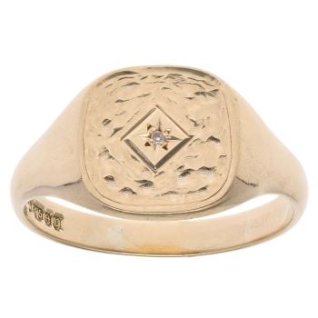 9ct Yellow Gold 0.01ct Diamond Patterned Signet Ring