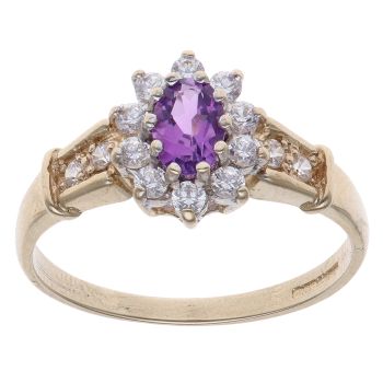 9ct Yellow Gold Amethyst and Cubic Zirconia Cluster Ring