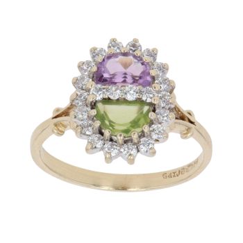 9ct Yellow Gold Peridot Amethyst and Cubic Zirconia Fancy Ring