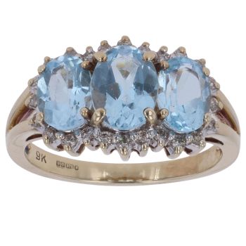 9ct Yellow Gold 0.25ct Diamond and Blue Topaz Triple Cluster Ring