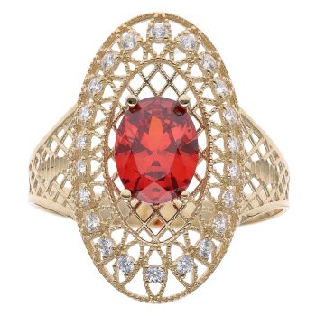 14ct Yellow Gold Cubic Zirconia and Red Gemstone Open Cut Woven Ring