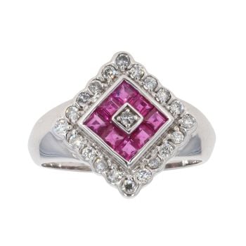 18ct White Gold 0.030ct Diamond And Ruby Cluster Ring