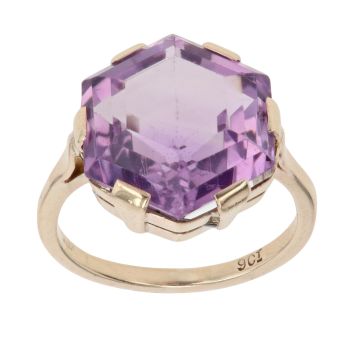 9ct Yellow Gold Hexagonal Amethyst Single Stone Ring