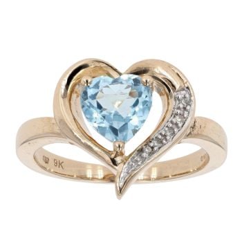 9ct Yellow Gold Created Blue Topaz and Diamond Heart Ring