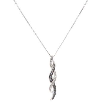 9ct White Gold 0.10ct Black And Colourless Diamond Twist Drop Pendant And Chain 18"