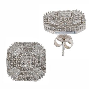 9ct White Gold 1.00ct Brilliant and Baguette Cut Diamond Cluster Stud Earrings