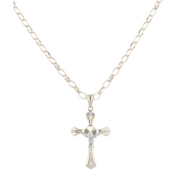 9ct Yellow and White Gold Cubic Zirconia Crucifix Pendant and Belcher Chain 18"