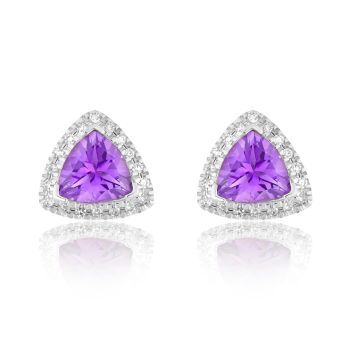 Silver Platinum Plated Amethyst Trilliant Cut Diamond Halo Stud Earrings