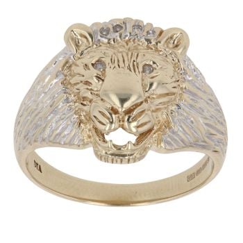 9ct Yellow And White Gold 0.05ct Diamond Lion Ring