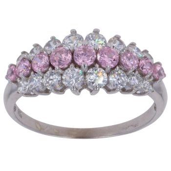 9ct White Gold Pink and White Cubic Zirconia Three Row Ring