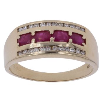 9ct Yellow Gold 0.20ct Diamond And Ruby Three Row Ring