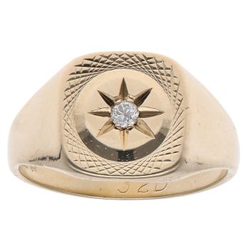 9ct Yellow Gold 0.05ct Diamond Patterned Signet Ring