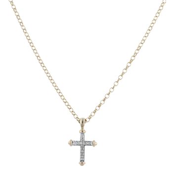 9ct Yellow and White Gold 0.15ct Single Cut Diamond Cross Pendant and Chain 20"