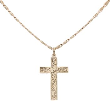 9ct Yellow Gold Patterned Cross Pendant and Chain 28"