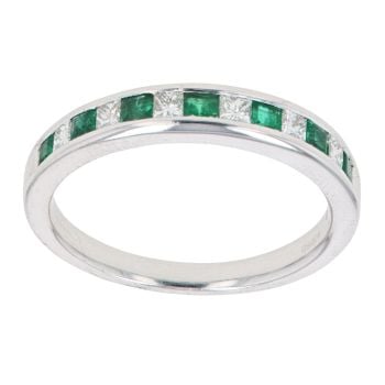 18ct White Gold 0.27ct Brilliant Cut Diamond And Emerald Half Eternity Ring