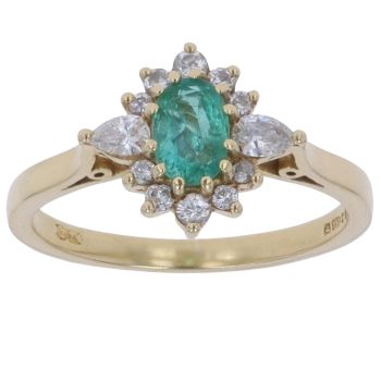 18ct Yellow Gold 0.25ct Brilliant and Pear Cut Diamond and Emerald Cluster Ring