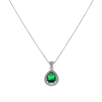 Silver Cubic Zirconia and Green Gemstone Cluster Pendant and Chain 18" By Icesia