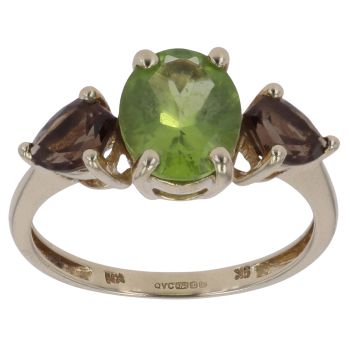 9ct Yellow Gold Smoky Quartz and Peridot Three Stone Ring