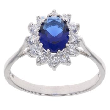 9ct White Gold Created Sapphire And Cubic Zirconia Cluster Ring