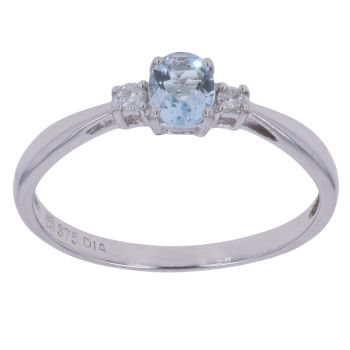 9ct White Gold 0.05ct Brilliant Cut Diamond and Aquamarine Solitaire Ring