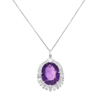18ct White Gold 4.00ct Baguette and Oval Cut Diamond and Amethyst Cluster Pendant and Chain 18"