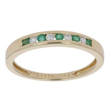 14ct Yellow Gold Emerald and 0.10ct Diamond Half Eternity Ring