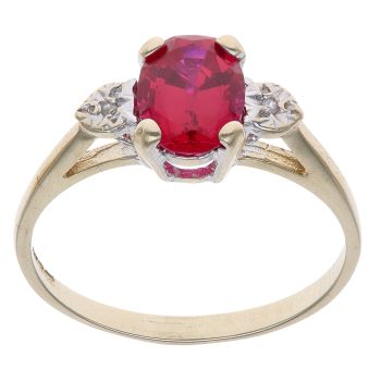 9ct Yellow Gold 0.02ct Diamond and Created Ruby Three Stone Ring