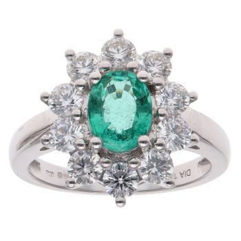 18ct White Gold 1.32ct Brilliant Cut Diamond and Emerald Cluster Ring