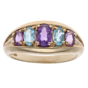 9ct Yellow Gold Blue Topaz And Amethyst Five Stone Ring