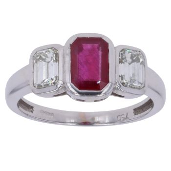 18ct White Gold 1.00ct Emerald Cut Diamond And Ruby Ring
