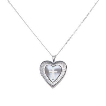 Silver Plain Heart and Cross Patterned Locket and Chain 18" By Icesia