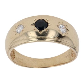 9ct Yellow Gold Cubic Zirconia and Sapphire Three Stone Signet Ring