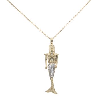 9ct Yellow and White Gold Cubic Zirconia Mermaid Pendant and Belcher Chain 30"