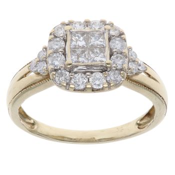 9ct Yellow Gold 1.00ct Brilliant and Princess Cut Diamond Cluster Ring