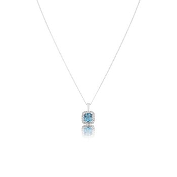 Silver Platinum Plated Cushion Cut Swiss Blue Topaz Diamond Halo Pendant Necklace