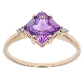 9ct Yellow Gold 0.02ct Diamond And Amethyst Solitaire Ring