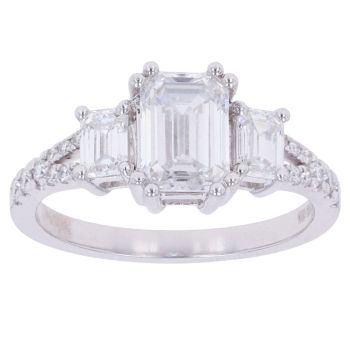 9ct White Gold 1.80ct Emerald and Brilliant Cut Lab Grown Diamond Trilogy Ring