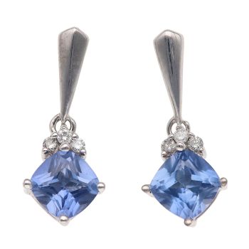 9ct White Gold 0.05ct Brilliant Cut Diamond and Blue Gemstone Drop Earrings