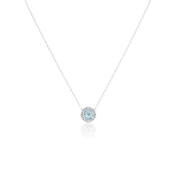 Silver Platinum Plated Sky Blue Topaz Round Lab Grown Diamond Halo Necklace
