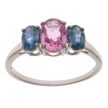 9ct White Gold Pink and Blue Sapphire Three Stone Ring