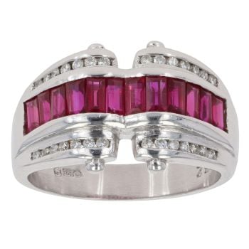 18ct White Gold 0.25ct Diamond And Ruby Three Row Ring