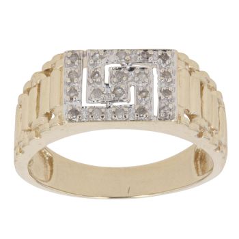 9ct Yellow Gold 0.10ct Brilliant Cut Diamond Greek Key Signet Ring